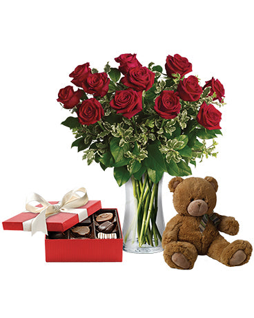 12 roses in the vase with teddy and premium chocolate