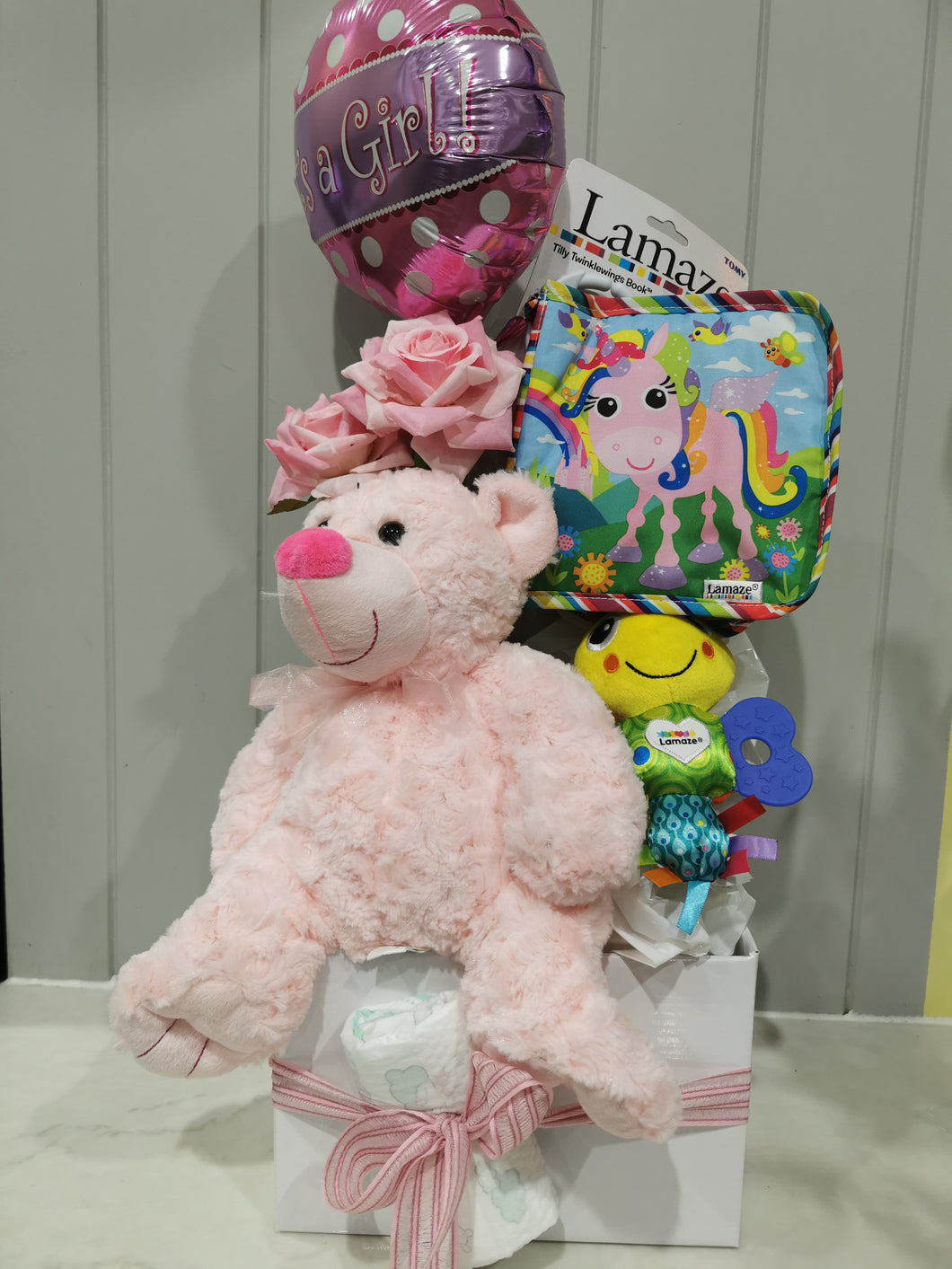Baby Hamper with Teddy Bear and baby clothes